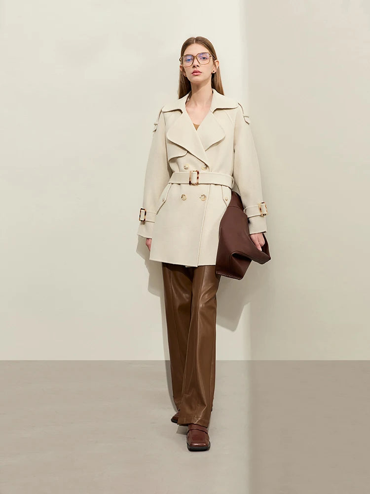 Damen Mid-Length Wollmantel im minimalistischen Stil mit Gürtel und Taschen