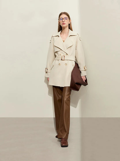 Damen Mid-Length Wollmantel im minimalistischen Stil mit Gürtel und Taschen