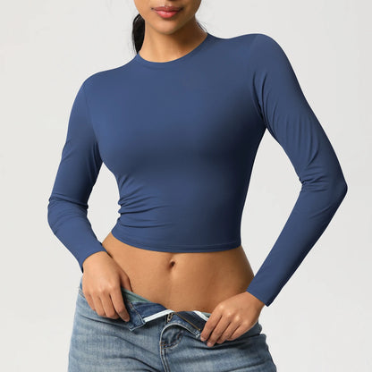 Damen-Langarmshirt Slim Fit dunkelblau mit Rundhals und langen Ärmeln, körpernah