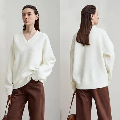 Damen V-Ausschnitt Pullover locker Raglan Wolle-Mix Herbst-Winter