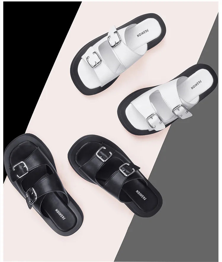 2025 frauen Hausschuhe Sommer Echtes Leder Rutschen Frauen Fashion Square taste Flache Sandalen Damen Outdoor Casual Flip-Flops