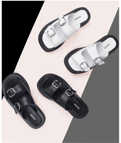 2025 frauen Hausschuhe Sommer Echtes Leder Rutschen Frauen Fashion Square taste Flache Sandalen Damen Outdoor Casual Flip-Flops