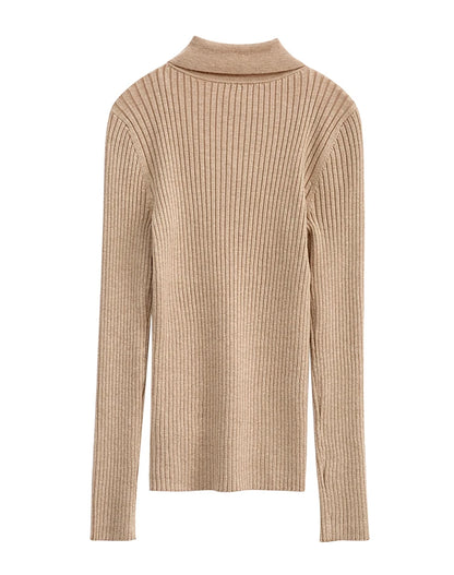Damen-Strickpullover mit Polo-Kragen, Langarm, kamelbraun, Rückenansicht