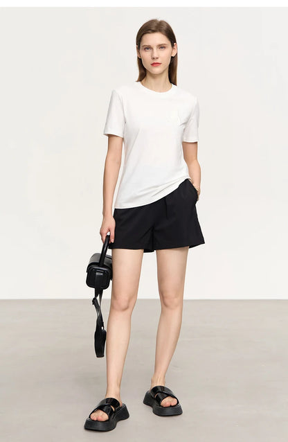 Damen Top im minimalistischen Stil mit Bären-Applikation und O-Ausschnitt