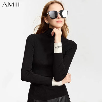 Damen-Rollkragenpullover Wolle Slim Patchwork-Splicing Herbst-Winter