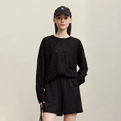 Damen-Rundhalspullover Jacquard Raglan locker lang Lyocell Frühling