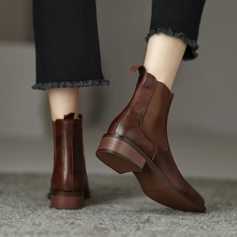 Chelsea-Boots Damen, braune Stiefeletten mit Blockabsatz und elastischem seitlichem Einsatz