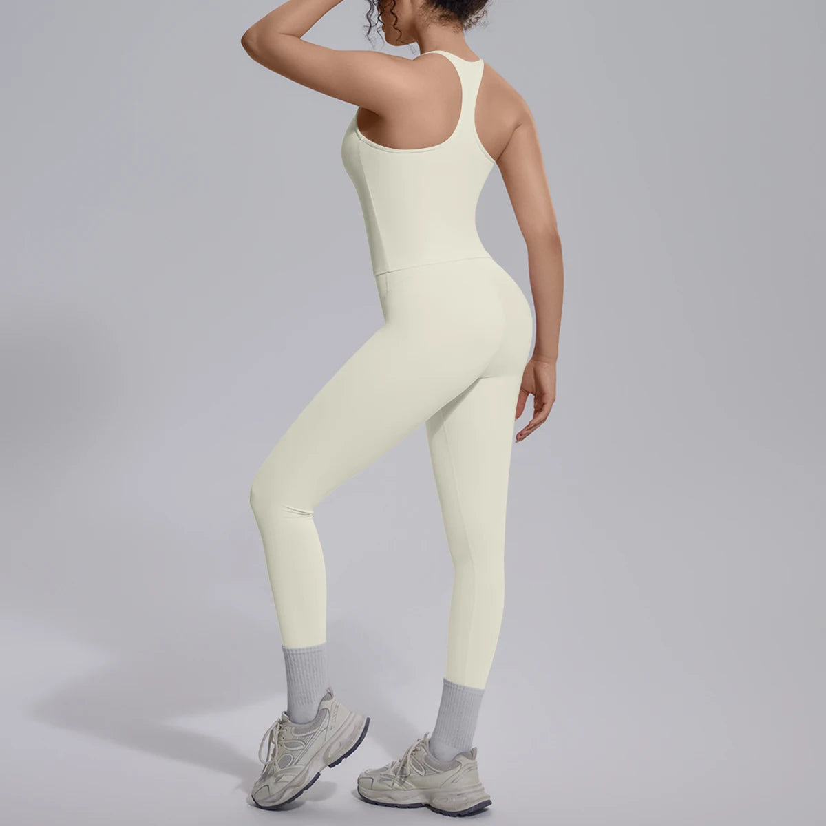 Damen-Yoga-Set mit Leggings, cremeweiß, Rück-/Seitenansicht, Arm hoch