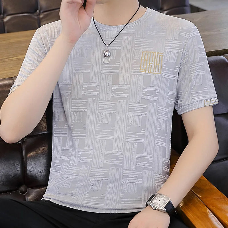 Herren T-Shirt aus Seide mit kurzem Arm und Streifen-Druck für Sommer