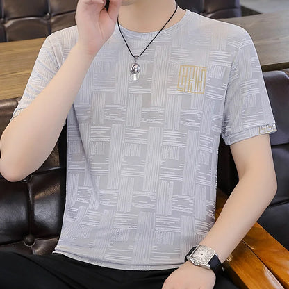 Herren T-Shirt aus Seide mit kurzem Arm und Streifen-Druck für Sommer