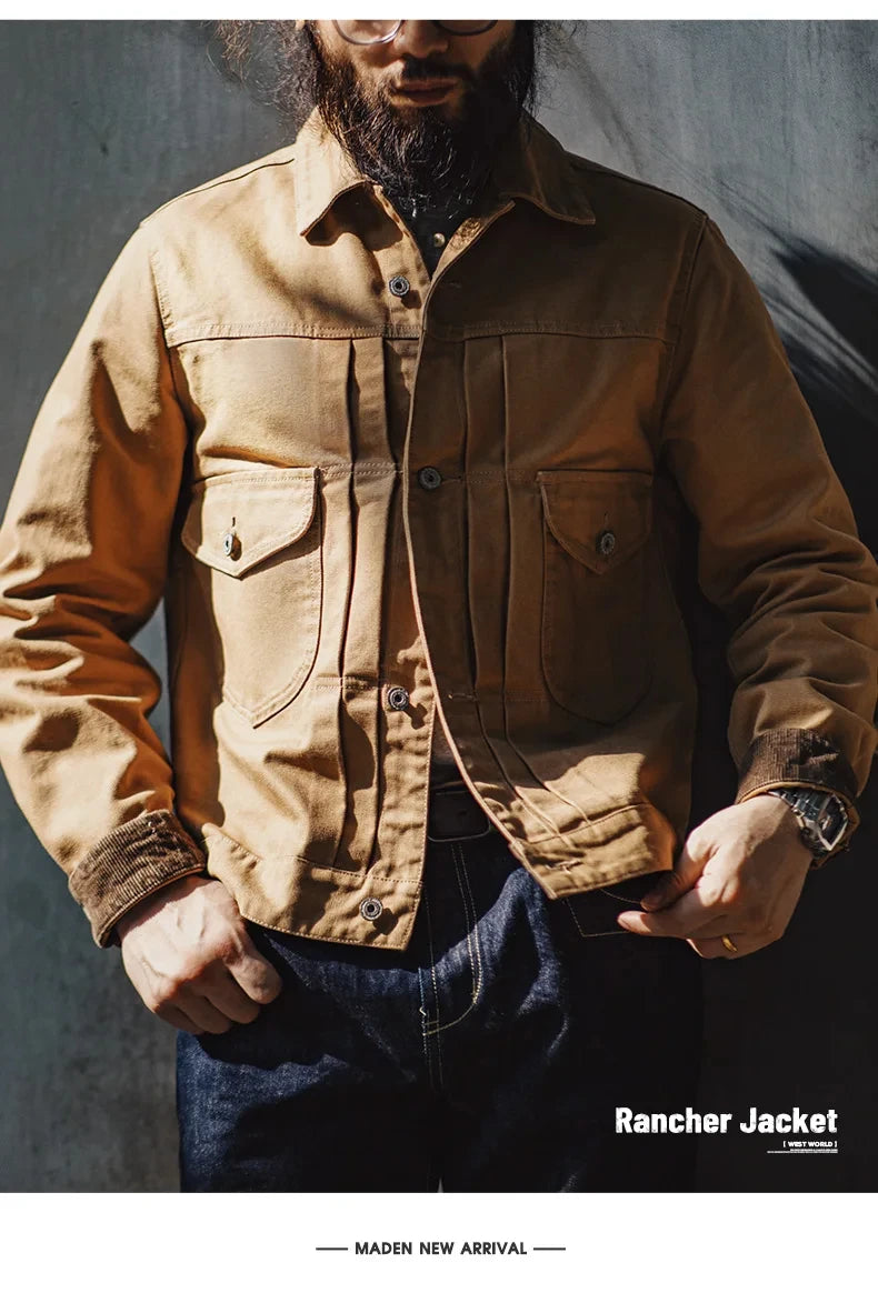 Herren Jeansjacke Vintage schwere Canvas Rancherjacken mit Kragen und Taschen