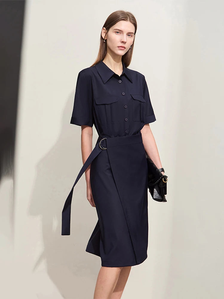 Elegantes Damen Kleid Im Safari Stil Mit Reverskragen