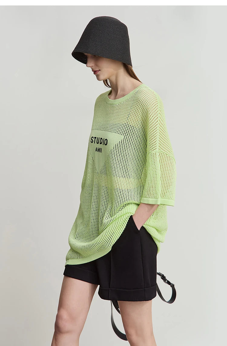 Damen-Rundhalspullover Buchstaben-Jacquard Halbarm locker Sommer