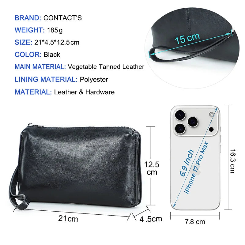 Schwarze Echtleder-Handtasche für Herren, flaches Format mit Reißverschluss und Trageschlaufe