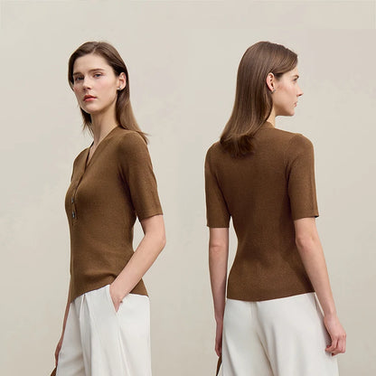Damen V-Ausschnitt Pullover Wolle-Mix Halbarm Slim Frühling-Herbst