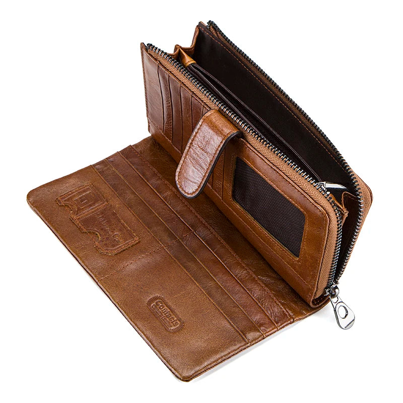 Herren Echtleder Lange Geldbörse Vintage Bifold Reißverschluss Kartenhalter Geldclip