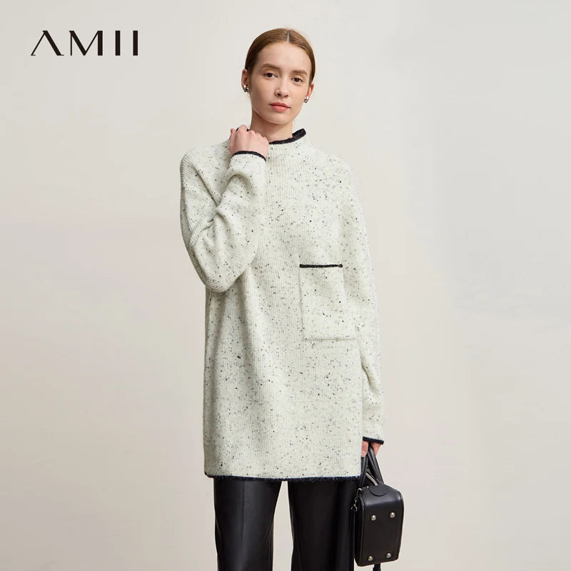 Damen-Rollkragenpullover Wolle dick locker lang Winter