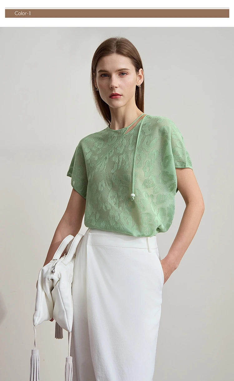 Damen-T-Shirt mit kurzem Arm, Jacquard-Blumenstruktur, hellgrün, lockere Passform