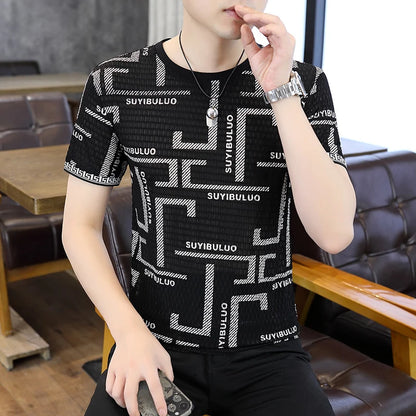 Herren Kurzarm T-Shirt aus feiner Seide mit trendigem Print im lässigen Stil