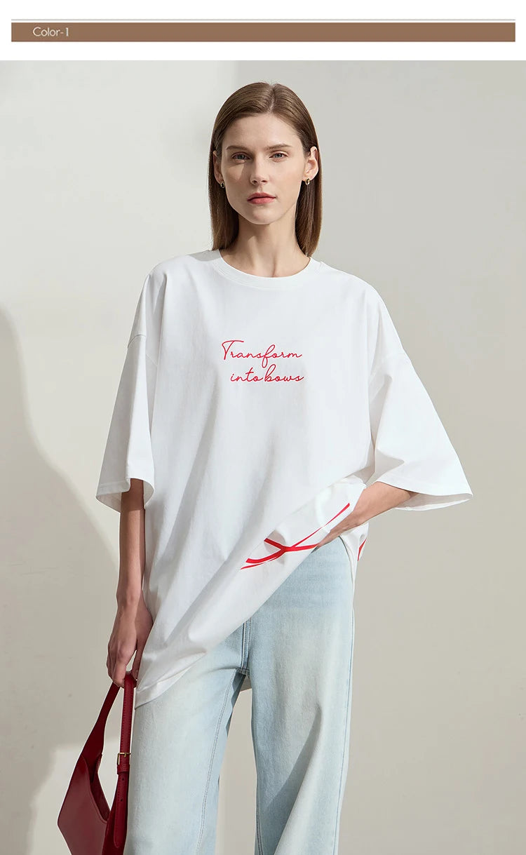 Damen T-Shirt aus ultraloch Stretch-Baumwolle mit Buchstaben-Bowknot-Aufdruck