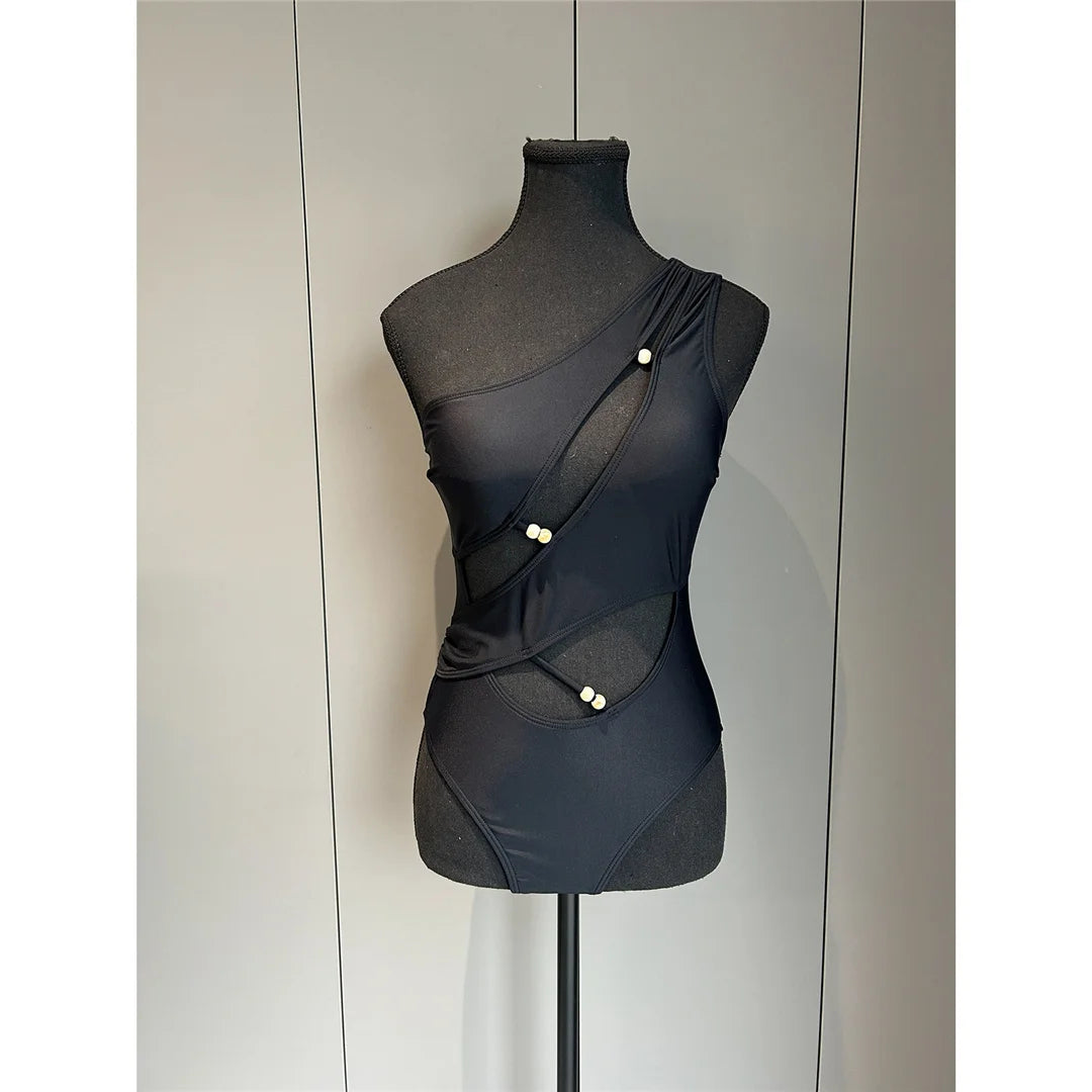 Damen Badeanzug One-Shoulder asymmetrisch hoher Beinausschnitt Monokini Einteiler