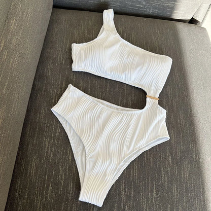 Damen Badeanzug asymmetrisch Cut-Out gerüscht One-Shoulder gepolstert