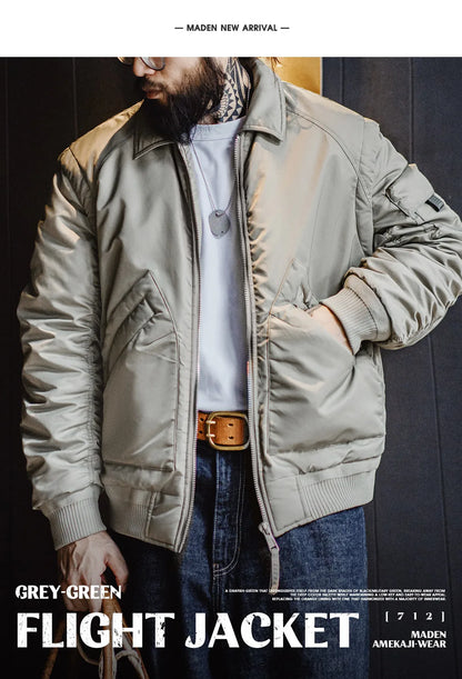 Herren Pilotenjacke Graugrün Warmer Mit Baumwolle Gefütterter Mantel Revers Taschen