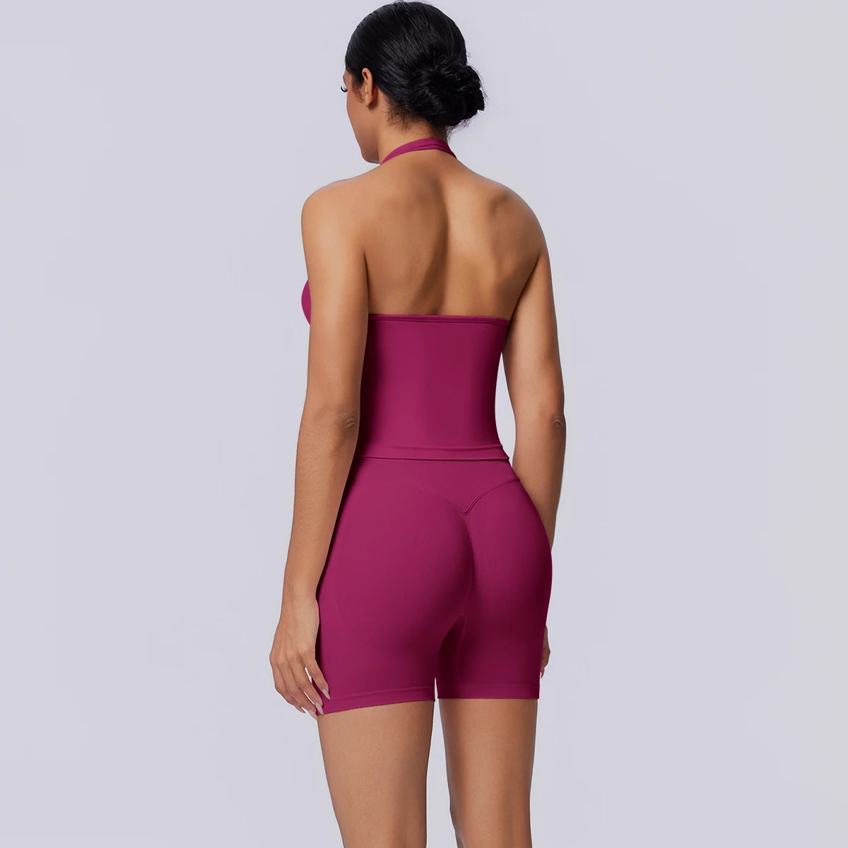 Damen Yoga-Set (3-teilig) mit Bandeau-Top und Shorts, bordeauxfarben