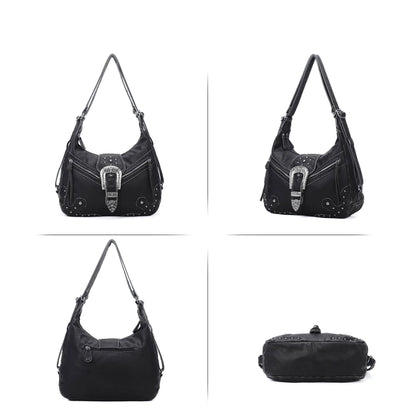 Damen-Schultertasche aus PU-Leder mit Top-Griff Reißverschluss Mehrfachfächer für Handy und Geldbörse