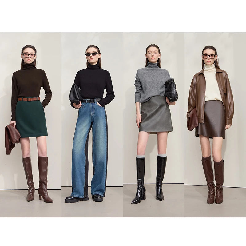 AMII Damenpullover an Modellen, Langarm mit Rundhals in schwarz, dunkelbraun und grau