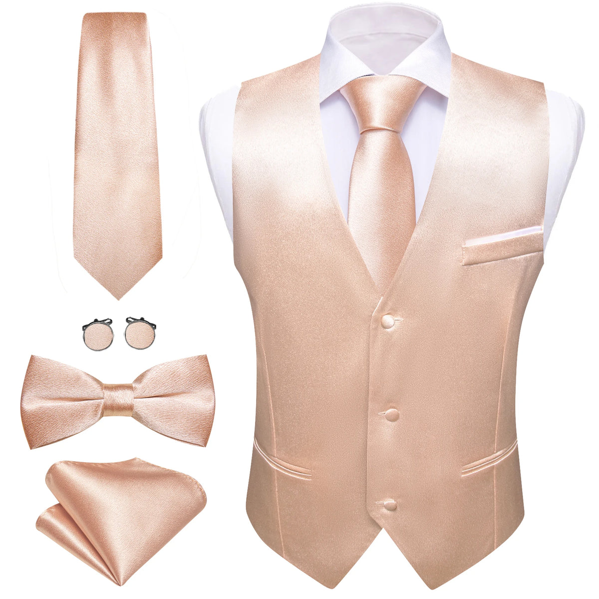 Herren-Anzugweste mit Krawatte, Fliege und Einstecktuch, roségold