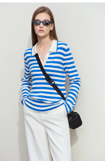 Damen V-Ausschnitt Pullover Streifen Stickerei Polo Kontrastfarben Herbst