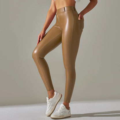 Damen-Kunstleder-Leggings mit hoher Taille, braunes glänzendes Finish, Eingriffstasche