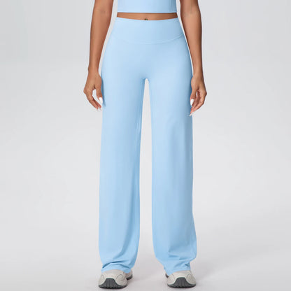 Damen Yoga-Hose, hellblau, hoher Bund, gerade weit fallend, atmungsaktiv