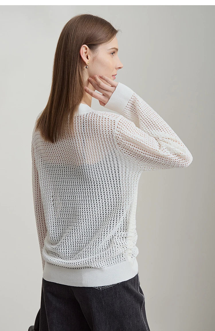 Damen-Lochstrickpullover, cremeweiß, lange Ärmel, lockerer Schnitt, gerippter Saum