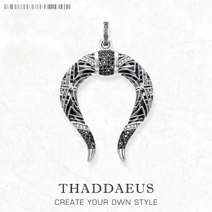 Drachenhorn-Anhänger mit geschwungenem Ring, schwarzem und silbernem Ornament, 925 Sterlingsilber