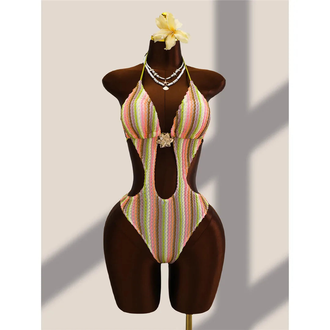 Damen Badeanzug gestreift bunt Neckholder Cut-Out hoher Beinausschnitt Monokini
