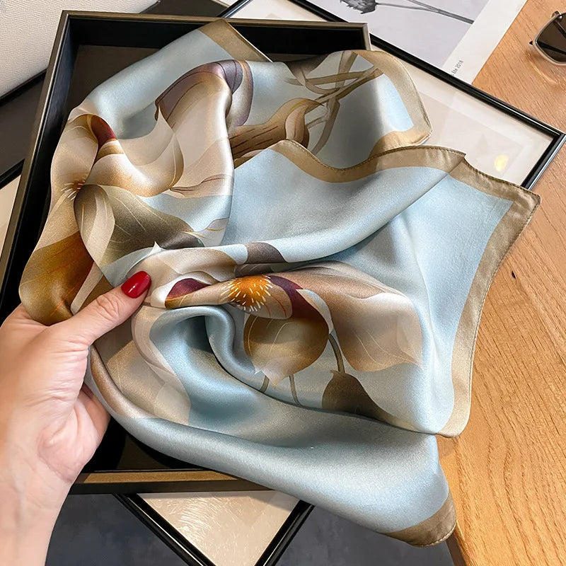 Damen Seidenschal 53cm quadratisch Blumenprint Luxus Halstuch Hijab Bandana C