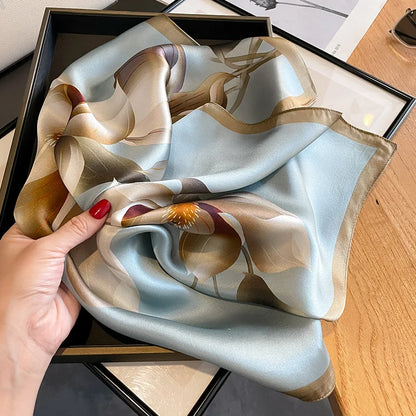 Damen Seidenschal 53cm quadratisch Blumenprint Luxus Halstuch Hijab Bandana C