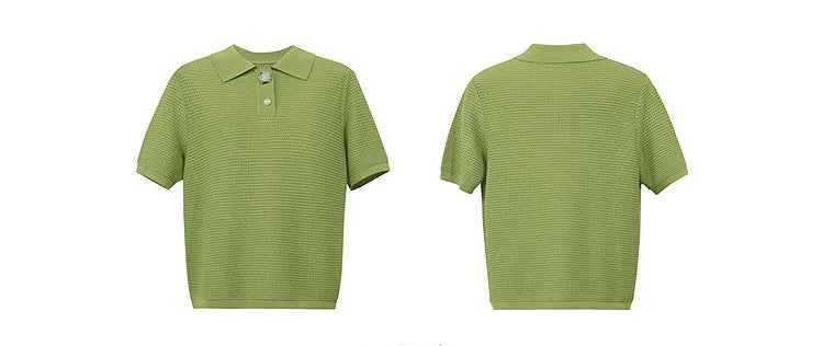 Grüner Strickpullover mit Polo-Kragen und Knopfleiste, kurzarm, kurz geschnitten
