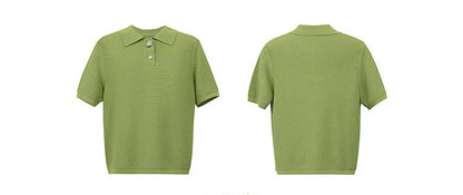 Grüner Strickpullover mit Polo-Kragen und Knopfleiste, kurzarm, kurz geschnitten