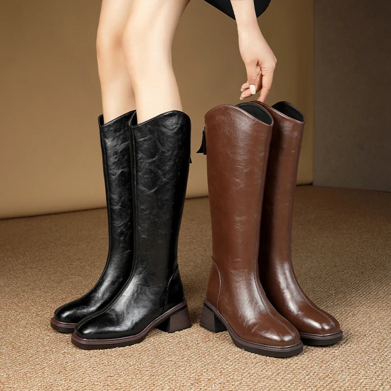 Women Winter Boots Genuine Leather Natural Wool Warm Female Knight Boots Square Toe Back Zipper Western Cowboy Boots Women