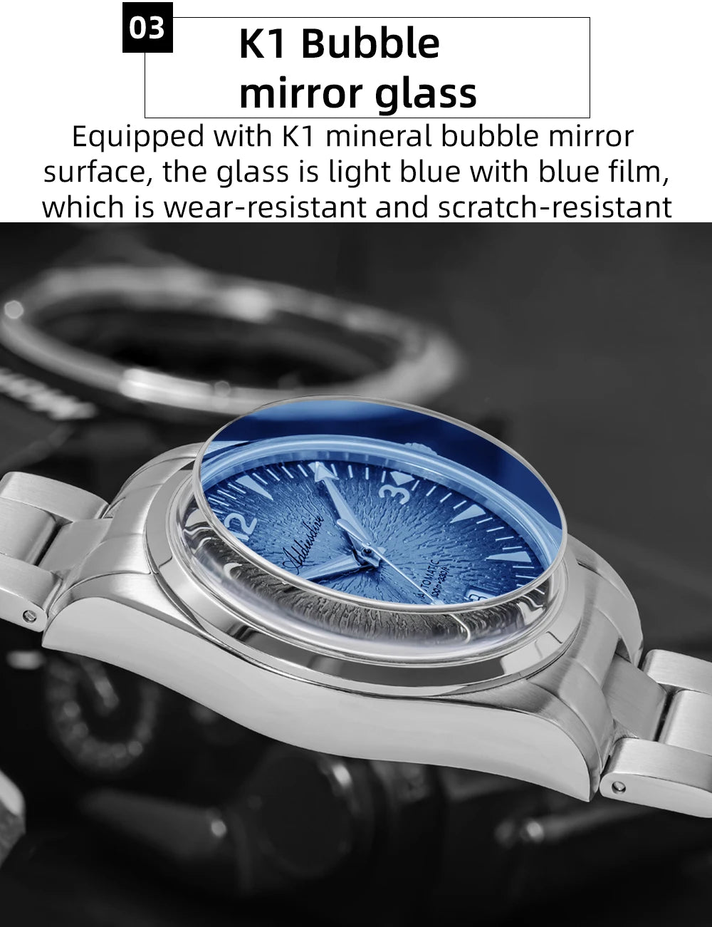 Herren-Automatikuhr mit 3D-Textur-Zifferblatt und Bubble-Glas