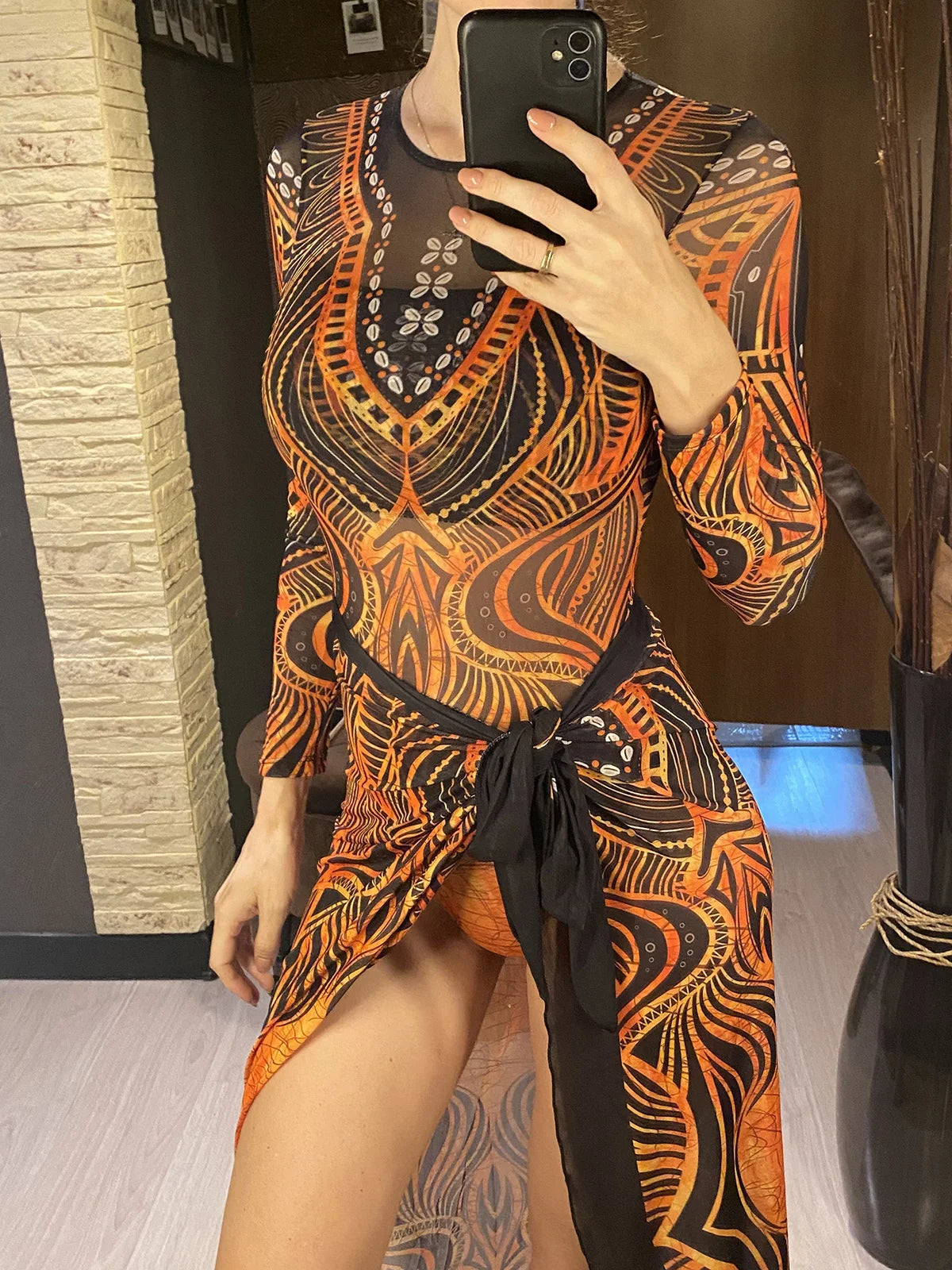 Damen-Badeanzug 3-teilig Print Langarm Sarong-Set gepolstert