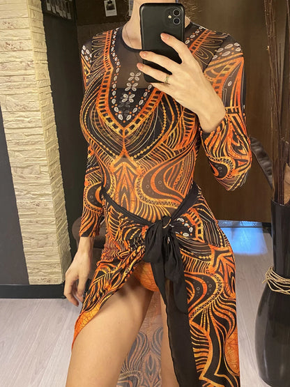 Damen-Badeanzug 3-teilig Print Langarm Sarong-Set gepolstert