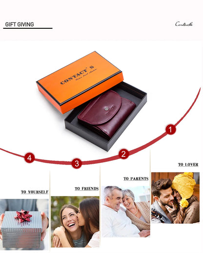 Damen-Geldbörse aus Leder, dunkelrot, in Geschenkbox mit orangefarbenem Deckel.