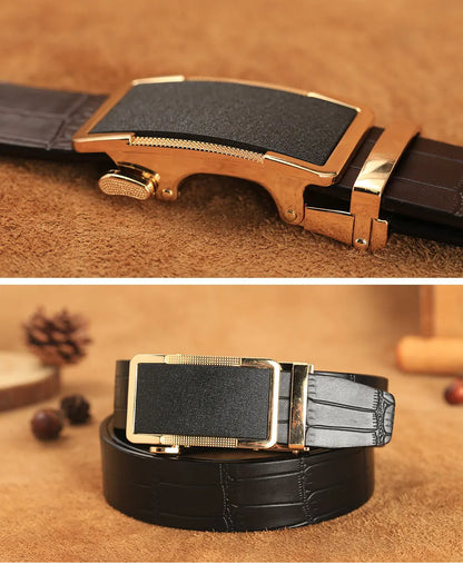 Herren Echtleder-Gürtel Krokodilmuster 3,5 cm Gold Automatik-Schnalle Rindsleder