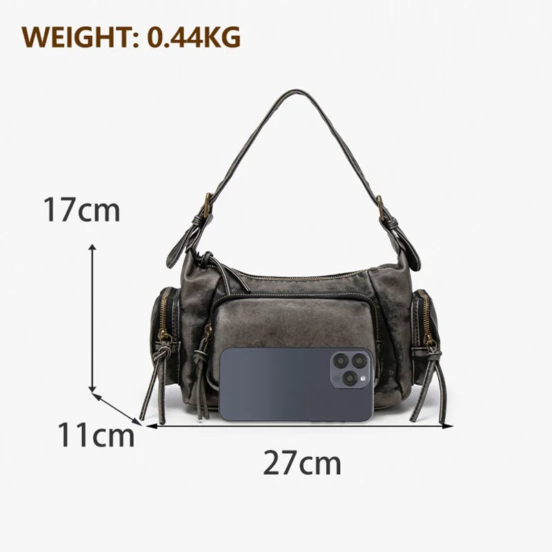 Damen-Hobo-Tasche aus Leder im Vintage-Look mit Mehrfach-Fächern und Tassel-Reißverschluss Alltagsbegleiter