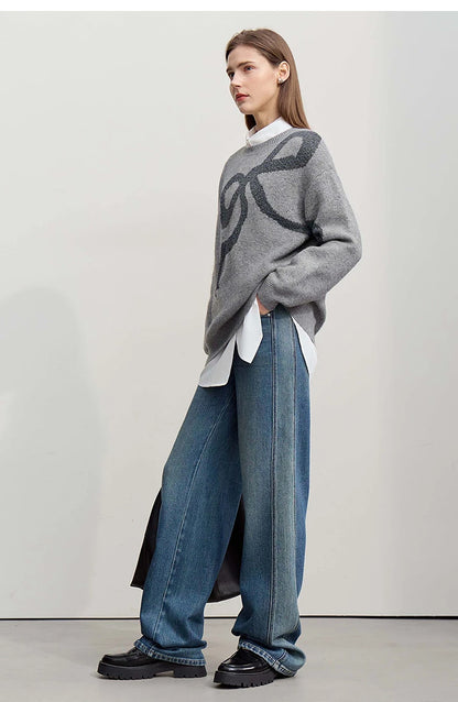 Grau melierter Jacquard-Pullover mit dunklem Schleifenmuster, langärmelig, lockerer Schnitt