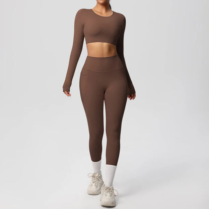 Hamidou Yoga-Set: braunes Sport-BH-Top mit Leggings, lange Ärmel, weißer Beinabschluss